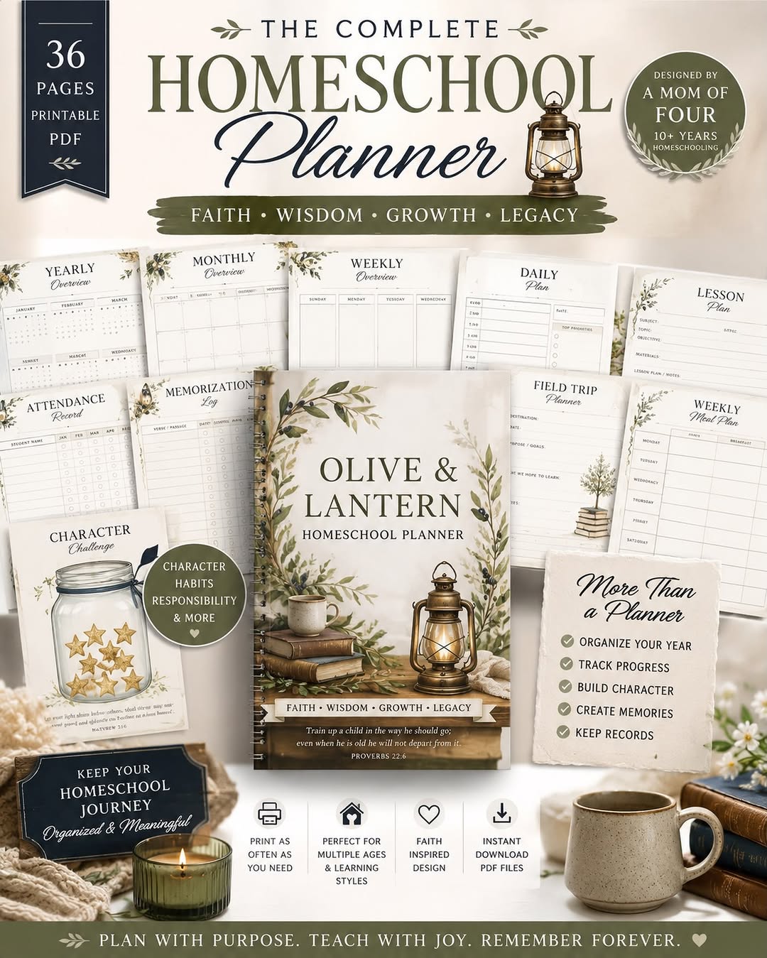 The Olive and Lantern Homeschool Planner arranged on a warm desk